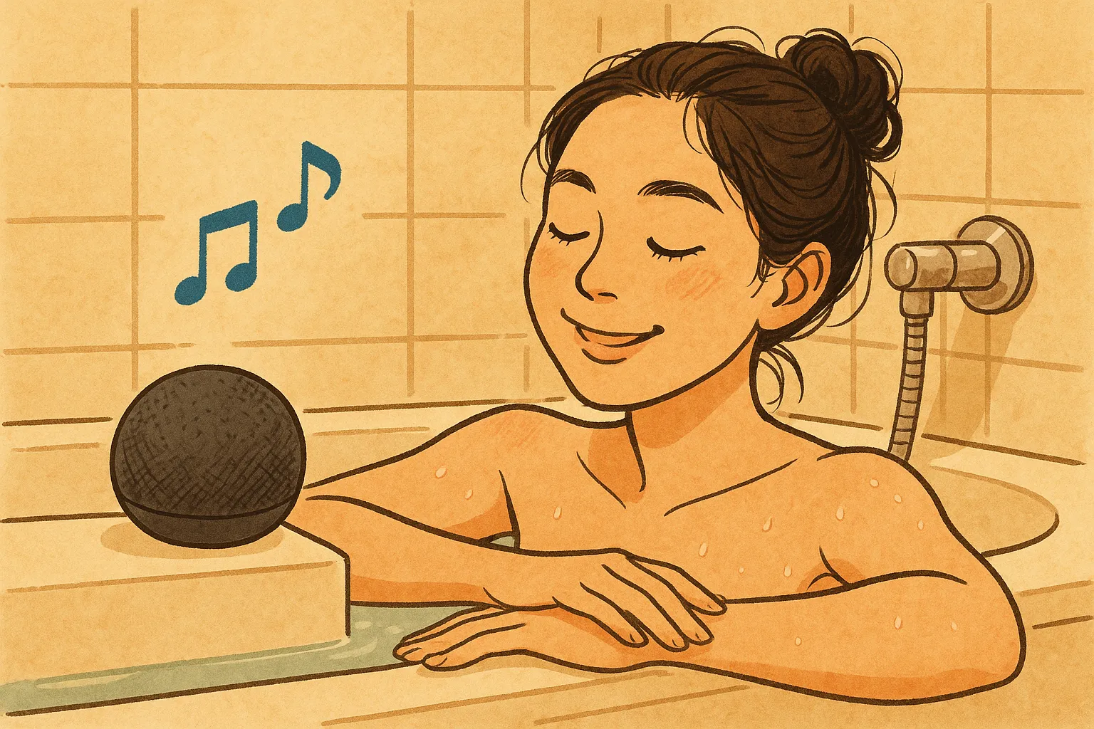 バスタブに浸かりながらスマートスピーカーで音楽を聴き、リラックスして微笑む女性のイラスト