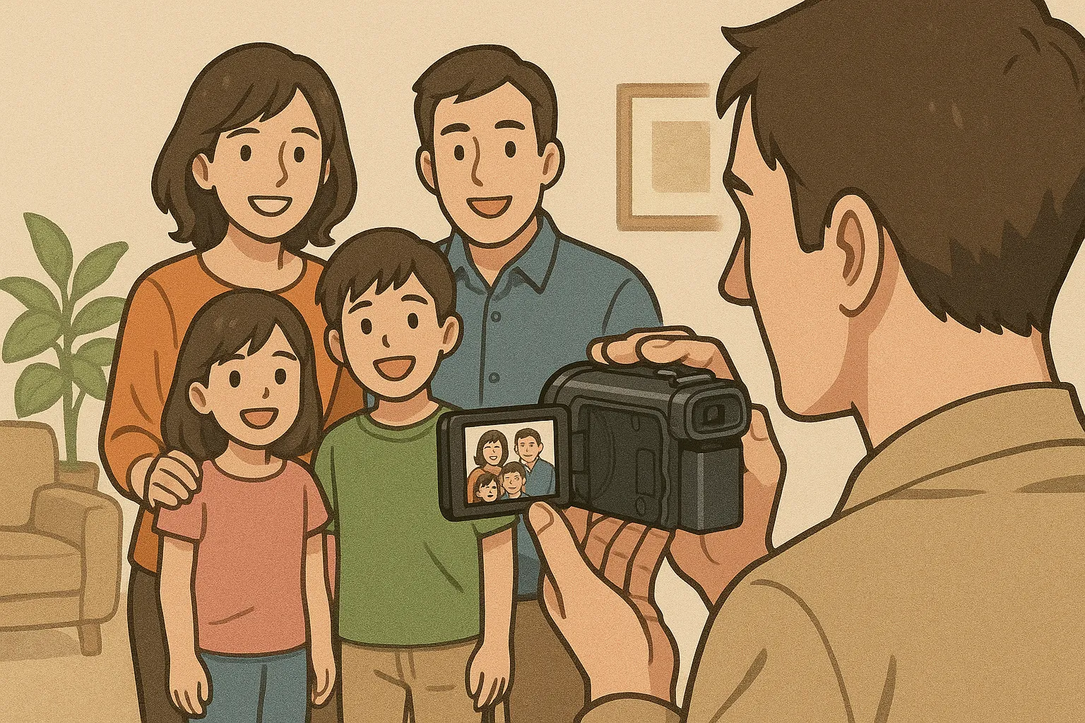 小型ビデオカメラで家族を撮影している男性のイラスト。笑顔の家族4人がカメラに向かってポーズ