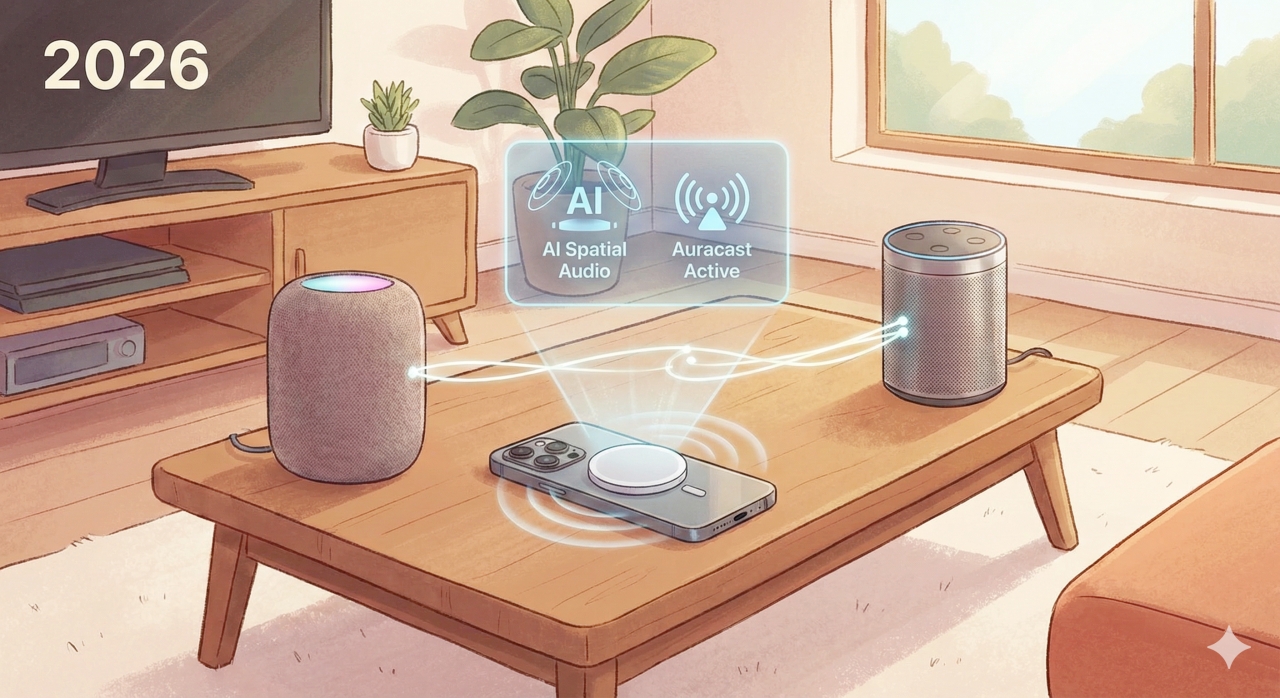 リビングのテーブルに置かれたスマホとMagSafeスピーカー、そして連携する他のスピーカーを描いたイラスト。「AI Spatial Audio」と「Auracast Active」のホログラムが浮かび上がり、複数のスピーカーがワイヤレスで繋がっている様子が描かれている。