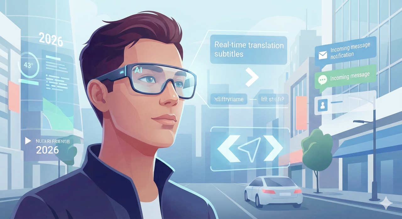 AIスマートグラスをかけた人物の視界に、翻訳、ナビゲーション、通知などのデジタル情報がAR表示されている未来的なイラスト。