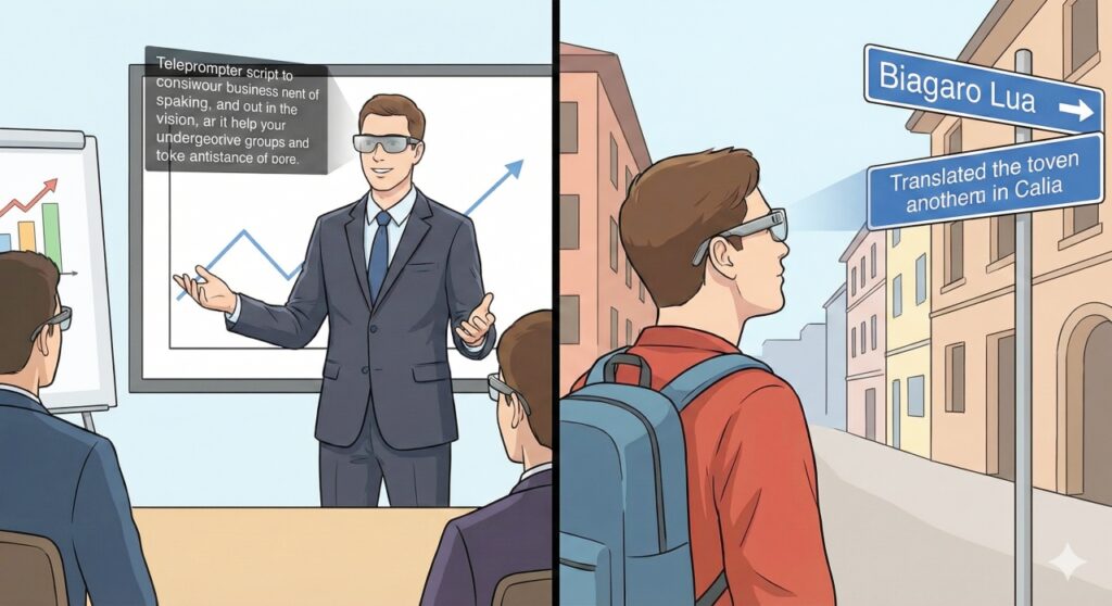 AIスマートグラスの活用シーンを描いたイラスト。左はプレゼンでカンペとして利用する様子、右は海外旅行でリアルタイム翻訳を利用する様子。