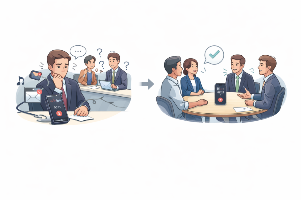 会議テーブル中央の専用レコーダーを中心に、録音から文字起こし・要約・共有までがスムーズにつながる様子のイラスト