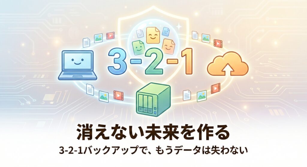 中央に「3-2-1」という数字と、それを守る盾のイラスト。周囲にはPC、NAS、クラウドのアイコンが配置され、データが安全に保護されている様子が描かれている。下部には「消えない未来を作る」「3-2-1バックアップで、もうデータは失わない」というキャッチコピーが書かれている。