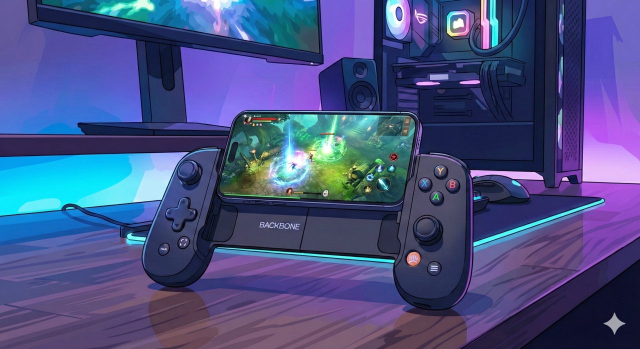 青と紫のネオン照明が光るゲーミングデスクの上に、Backbone Oneコントローラーに装着されたスマートフォンがあり、画面にはファンタジーアクションRPGゲームが表示されている。背景にはゲーミングPCとモニターが見える写実的な写真。