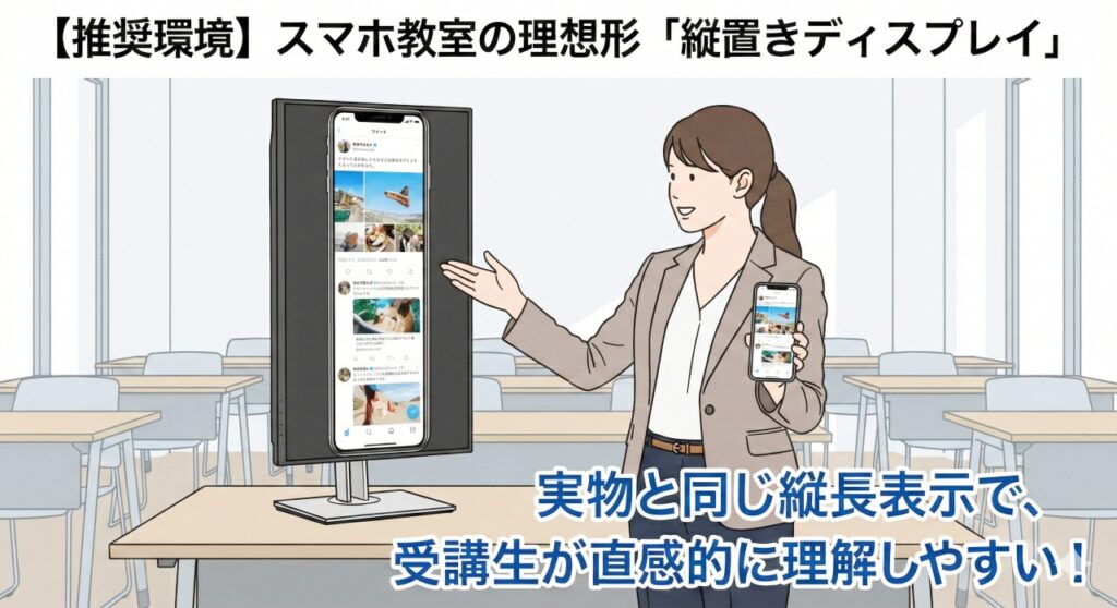 スマホ教室の講師が、大型PCモニターを縦向き(ピボット)に設置し、スマートフォンの縦長画面を余白なく画面いっぱいに表示させて解説しているイラスト。講師は手元に同じ画面のスマホを持ち、受講生が実物と同じ感覚で直感的に理解しやすい環境であることを伝えている。