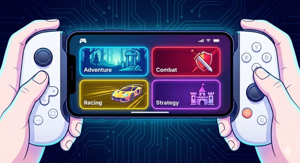 アニメーションスタイルで描かれたイラスト。Backbone Oneコントローラーに装着されたスマートフォンでファンタジーアクションRPGゲームがプレイされており、青と紫の照明、ゲーミングPC、モニターが背景にあるゲーミングデスクの様子。