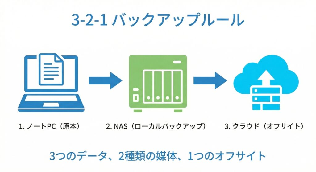 3-2-1バックアップの流れを示す図。左端の「PC（原本）」から、中央の「NAS（コピー1）」へ、そしてネットワークの境界線を越えて右端の「クラウド（コピー2）」へとデータが矢印でバックアップされていく様子が描かれている。