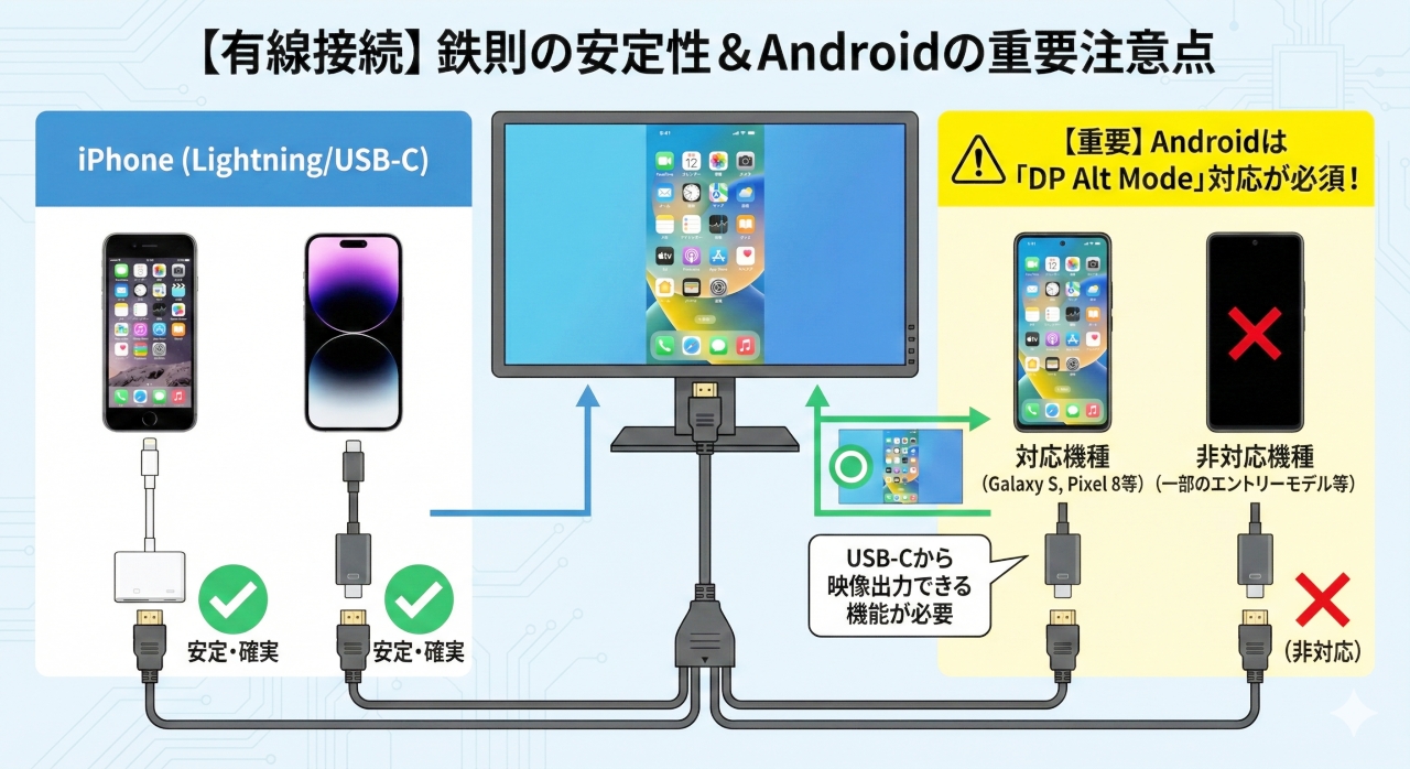 iPhone（LightningおよびUSB-C）とAndroidスマホを有線HDMIでモニターに接続する配線図。iPhoneは両モデルとも「安定・確実」に接続できる様子を、Androidは「DP Alt Mode」対応機種のみ映像が出力され、非対応機種は映らないという重要な注意点を強調して比較した図解。