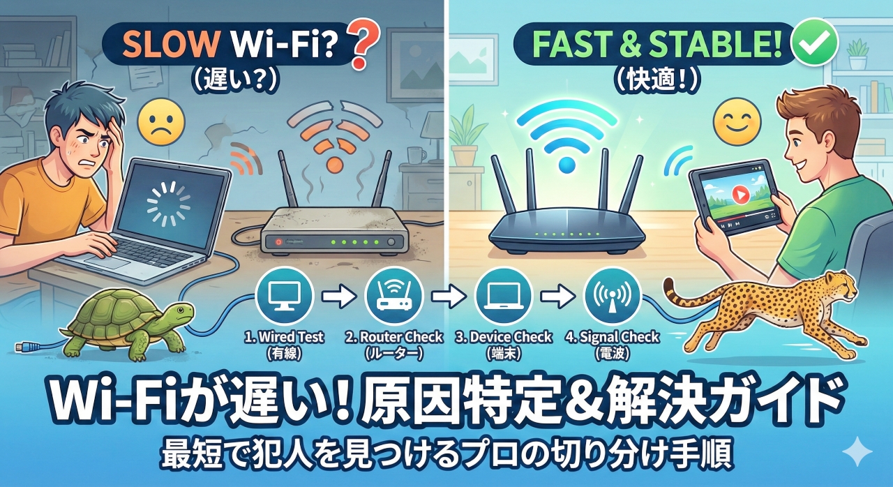 記事タイトル「Wi-Fiが遅い！原因特定＆解決ガイド」のアイキャッチイラスト。左側の遅くて困っている状態（亀）と、右側の快適な状態（チーター）の対比図。中央には、有線・ルーター・端末・電波を順にチェックして解決する4段階のフローチャートが描かれている。
