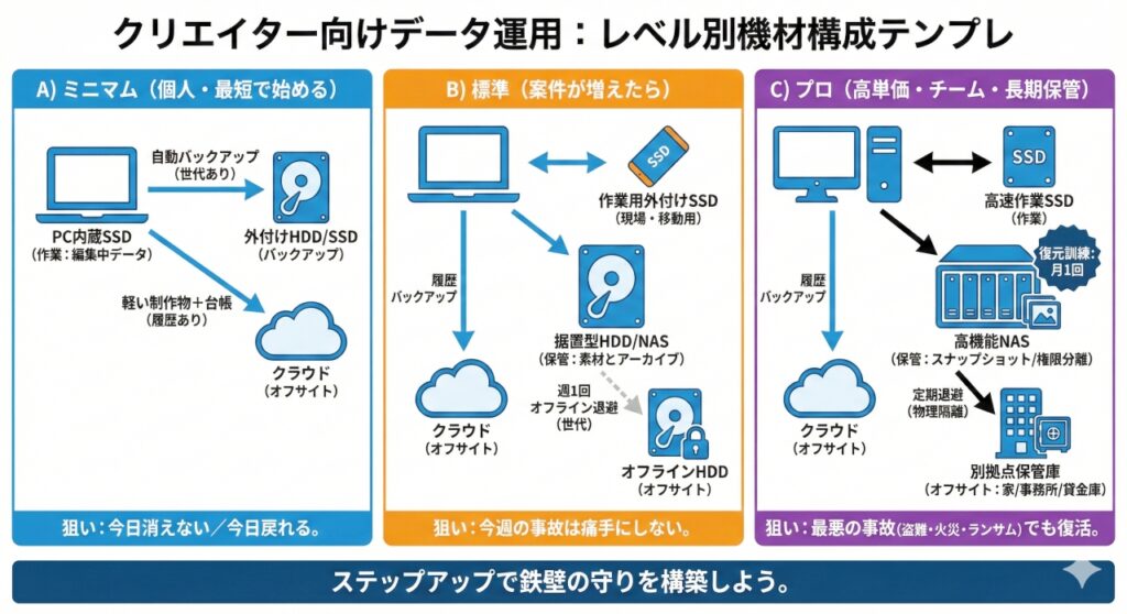 状況に合わせた3段階の機材構成テンプレート図解。個人向けの「ミニマム」、案件が増えた向けの「標準」、チームや高単価案件向けの「プロ」の3レベルに分け、PC、SSD、HDD、NAS、クラウドをどのように組み合わせてステップアップしていくかを示しています。