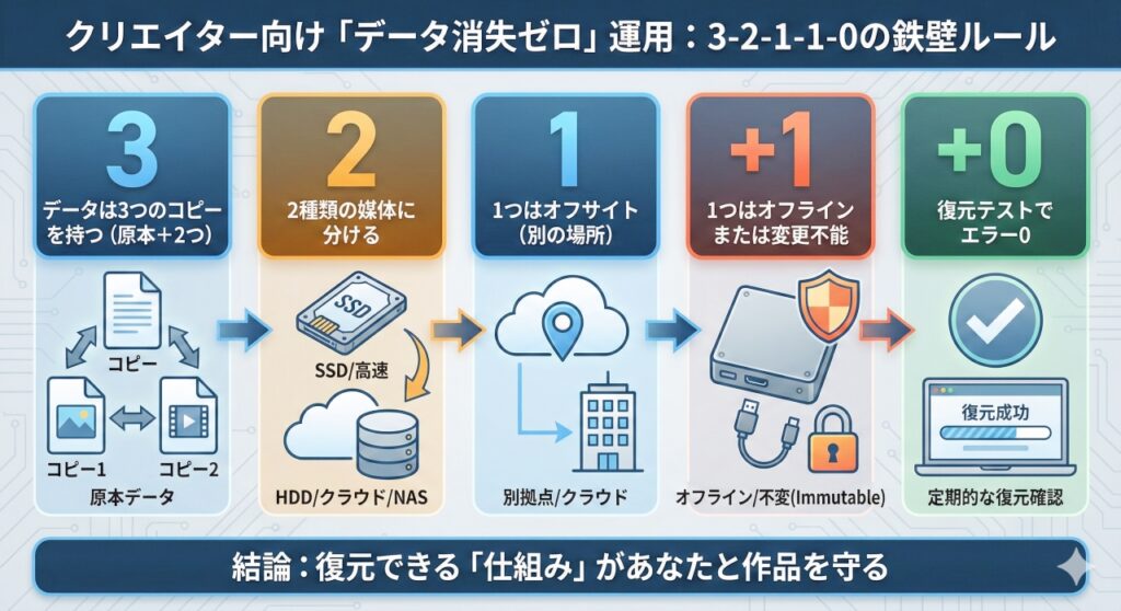 「データ消失ゼロ」運用の基本となる3-2-1-1-0ルールの図解。データを3つのコピーで持ち、2種類の媒体に分け、1つをオフサイト(別場所)、さらに1つをオフラインや変更不能な状態にし、最後の0として復元テストでエラーゼロを確認するという鉄壁のルールをアイコンで解説しています。
