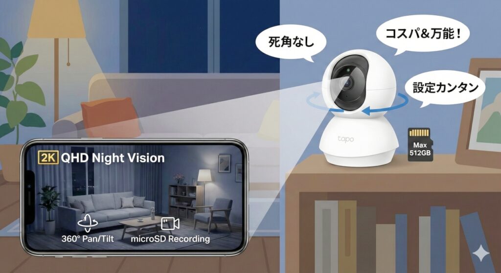 リビングの棚に設置されたTP-Link Tapoカメラ。360度首振りの矢印と、スマホ画面に映る鮮明な夜間映像（2K/QHD画質）、microSDカードのアイコンが描かれたイラスト。
