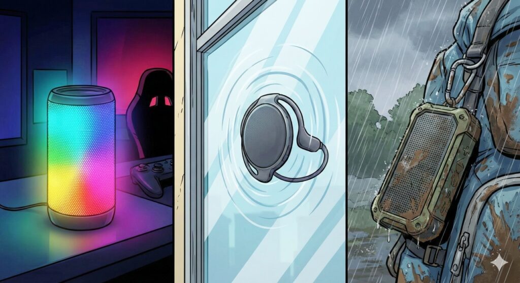 3分割されたコミック調のイラスト。左は暗い部屋で虹色に光るLEDスピーカー、中央は窓ガラスに貼り付き振動する骨伝導スピーカー、右は雨の中バックパックに付けられた泥だらけのタフネススピーカーが描かれている。