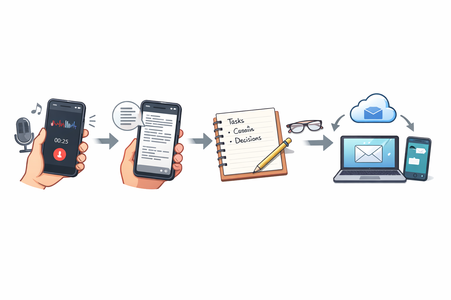 通知に気を取られながらスマホで録音し、共有や整理が増えて手間がかかる様子のイラスト