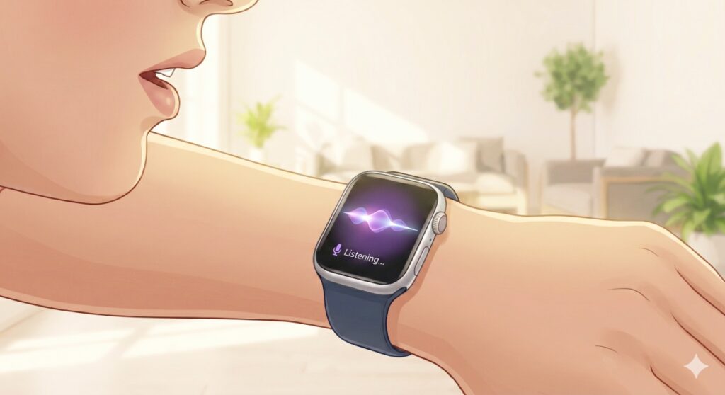 モダンなスマートウォッチをつけた手首のアップ。人物がウォッチに向かって自然に話しかけており、画面にはAIの音声認識を示す光る波形と「Listening...」の文字が表示されているイラスト。