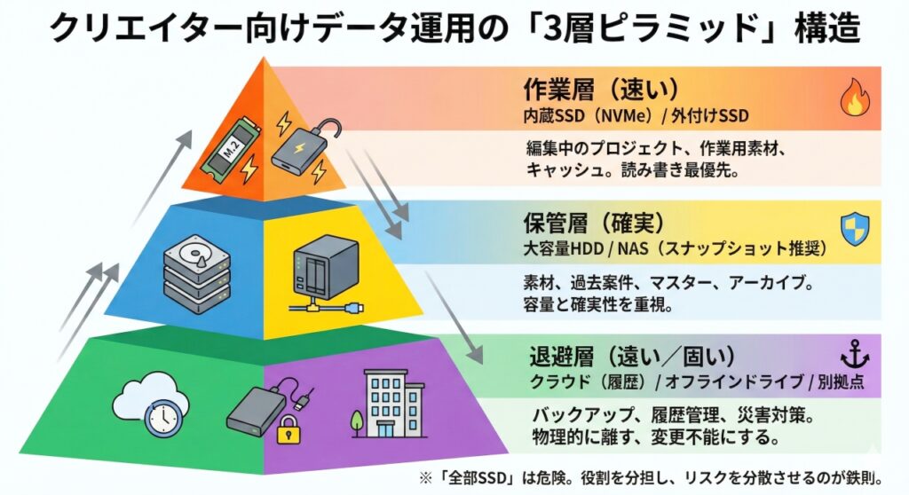 ストレージの役割分担を示す3層ピラミッドの図解。最上段は高速読み書きの「作業層(SSD)」、中段は大容量と確実性の「保管層(HDD/NAS)」、最下段は物理的に離して守る「退避層(クラウド/オフラインドライブ)」で構成され、全部SSDにするなどの危険性を避け、リスク分散させる仕組みを表しています。