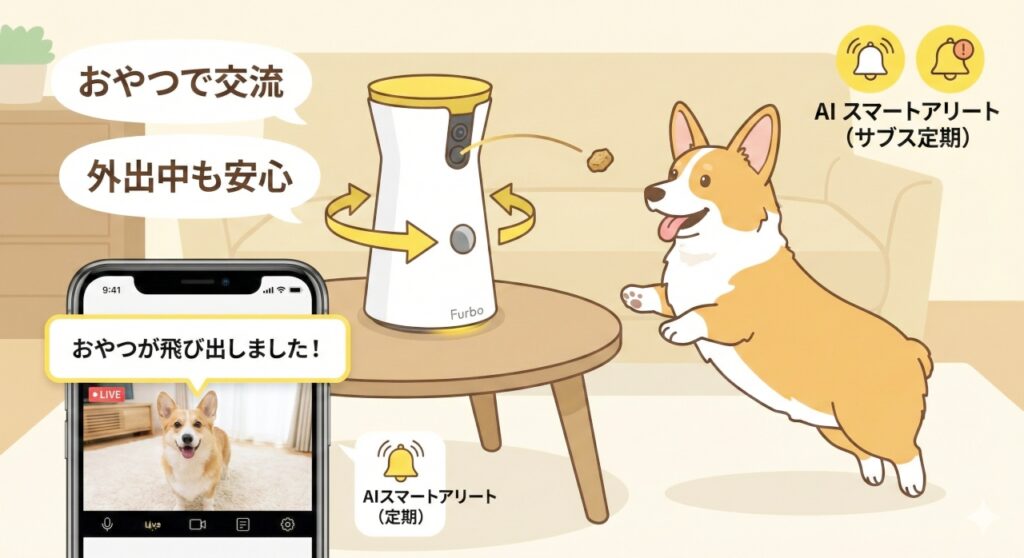 室内でジャンプするコーギーにおやつを飛ばすFurboドッグカメラ。スマホには「おやつが飛び出しました」という通知と、外出先から愛犬を確認しているライブ画面が表示されている。