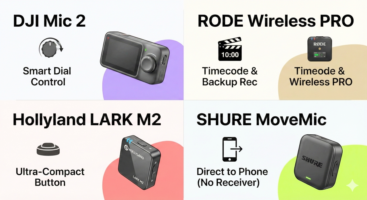 主要なワイヤレスマイク4モデル（DJI Mic 2、RODE Wireless PRO、Hollyland LARK M2、SHURE MoveMic）の製品イラストと、それぞれの最大の特徴（ダイヤル操作、タイムコード、ボタン型極小サイズ、スマホ直結）を示すアイコンを並べた図解。