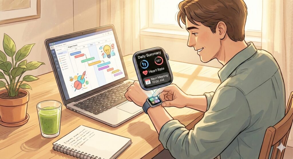 日当たりの良いデスクでノートPCを前に作業するクリエイターが、スマートウォッチの「デイリーサマリー(歩数、心拍数、次の予定)」を確認してリラックスしている様子。仕事と健康管理が高度に統合されたライフスタイルのイラスト。