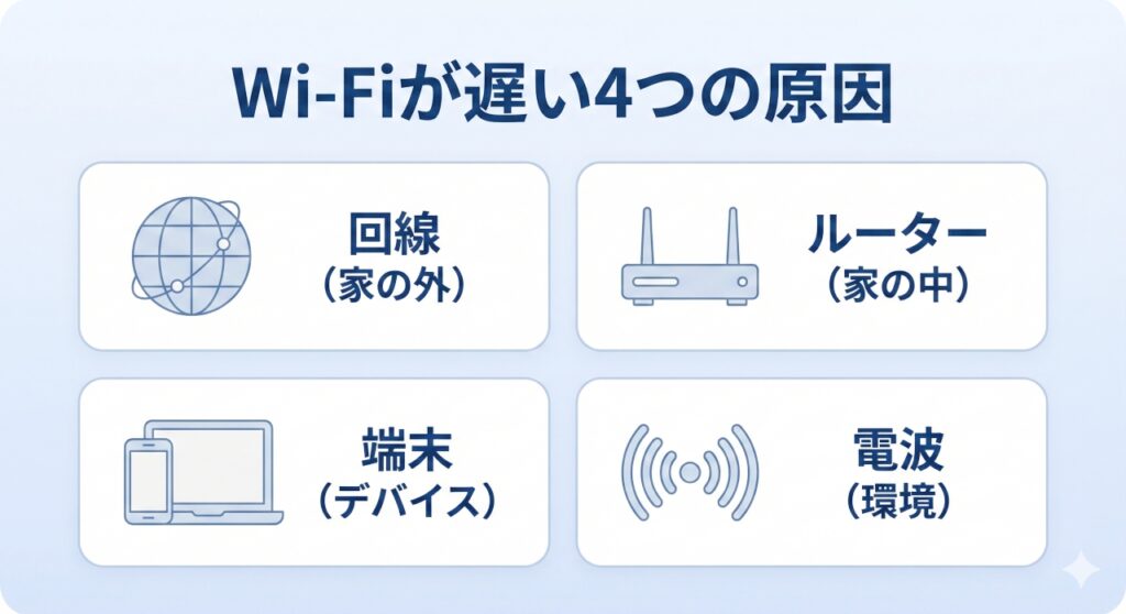 「Wi-Fiが遅い4つの原因」と題されたインフォグラフィック。左上から時計回りに、地球儀のアイコンで「回線（家の外）」、Wi-Fiルーターのアイコンで「ルーター（家の中）」、電波マークのアイコンで「電波（環境）」、スマートフォンとノートパソコンのアイコンで「端末（デバイス）」という4つの要素がイラストと文字で分かりやすく示されている。