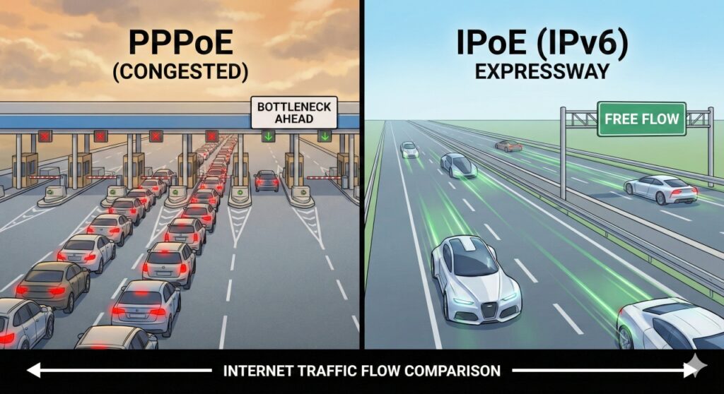 インターネットの通信方式による混雑の違いを道路の渋滞で例えた比較イラスト。上半分は赤色を基調とし、「PPPoE方式（混雑しやすい）」というラベルと共に、狭い道路で車が激しく渋滞している様子が描かれている。下半分は青色を基調とし、「IPoE方式（夜でも快適）」というラベルと共に、広くて空いている高速道路を車がスムーズに走行している夜景が描かれている。