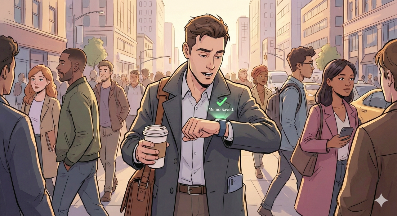 混雑した街中を歩くビジネスパーソンが、片手にコーヒーとバッグを持ちながら、もう一方の手首のスマートウォッチに話しかけてメモを保存しているイラスト。スマホはポケットに収納され、ハンズフリーの利便性を強調している。