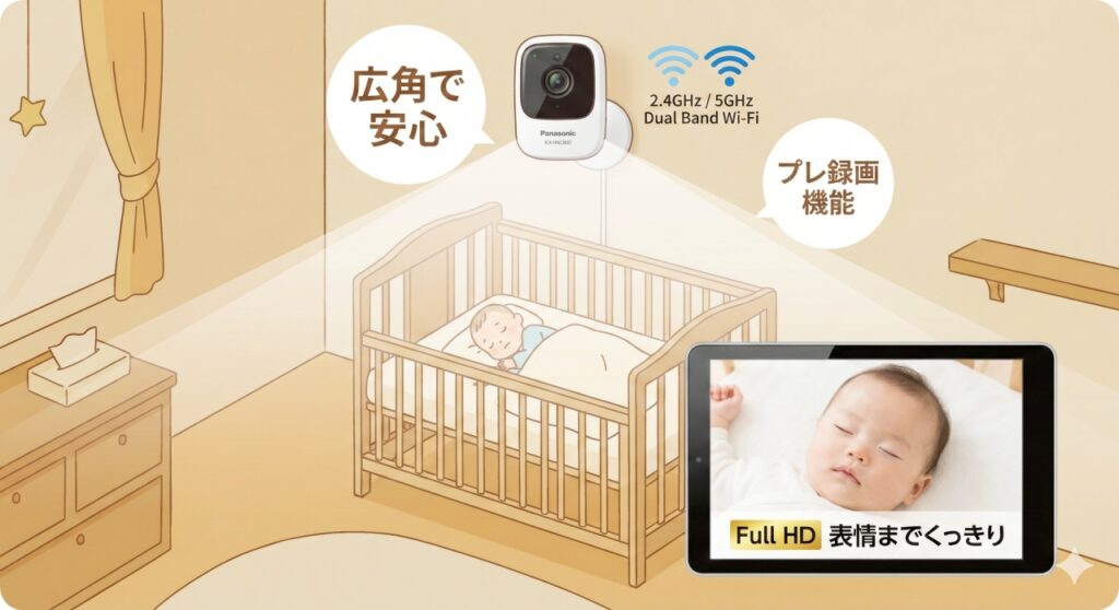 ベビーベッドの赤ちゃんを壁掛けカメラが広角で見守る様子。手元のタブレットにはフルHDで赤ちゃんの寝顔がくっきりと映り、Wi-Fiのデュアルバンド対応を示すアイコンがある。